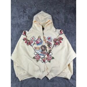 Righteous God Got Us Graphic Zip Up Hoodie Cream Religious Tattoo Art Mens L